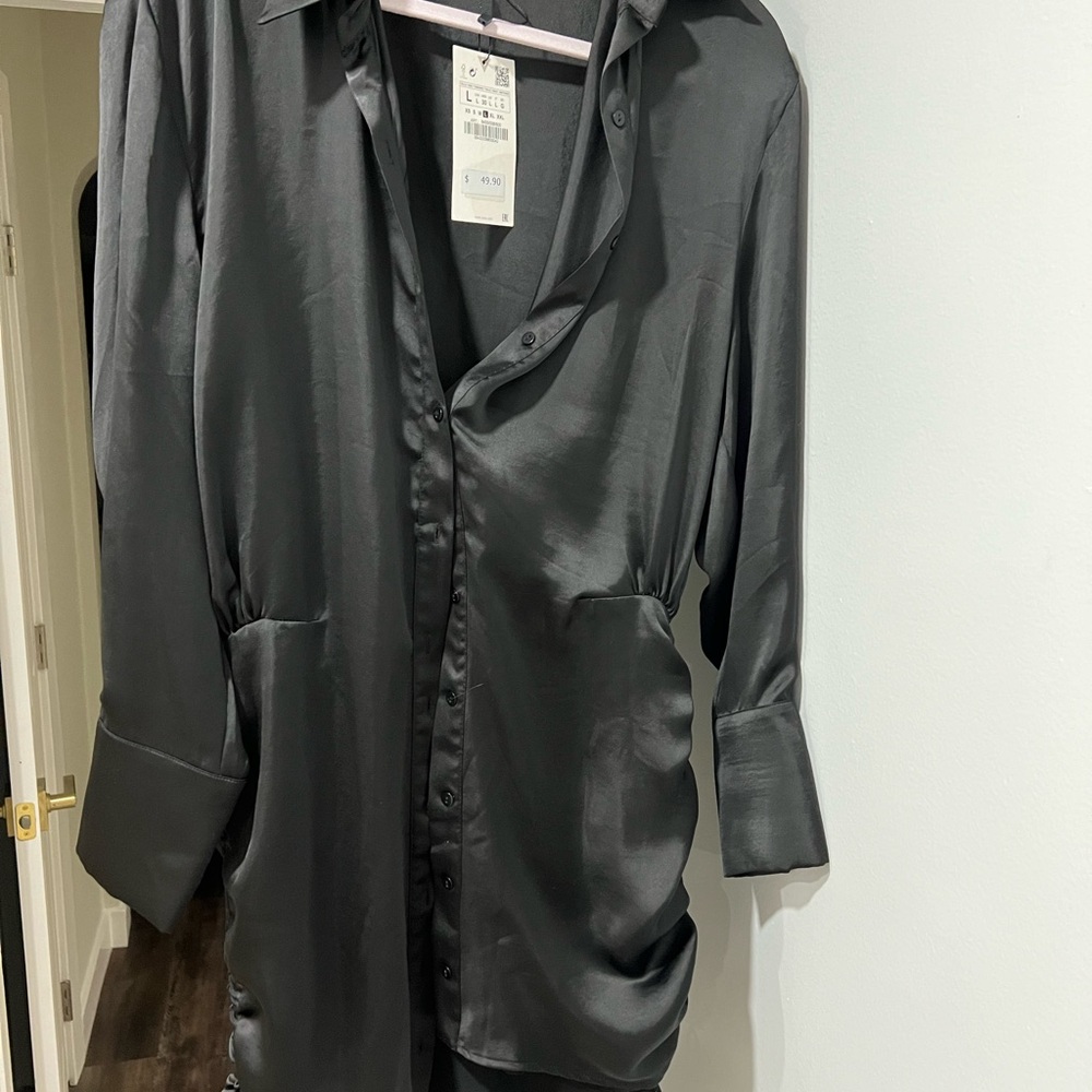 Zara Sleek Black Satin Button-Up Mini dress